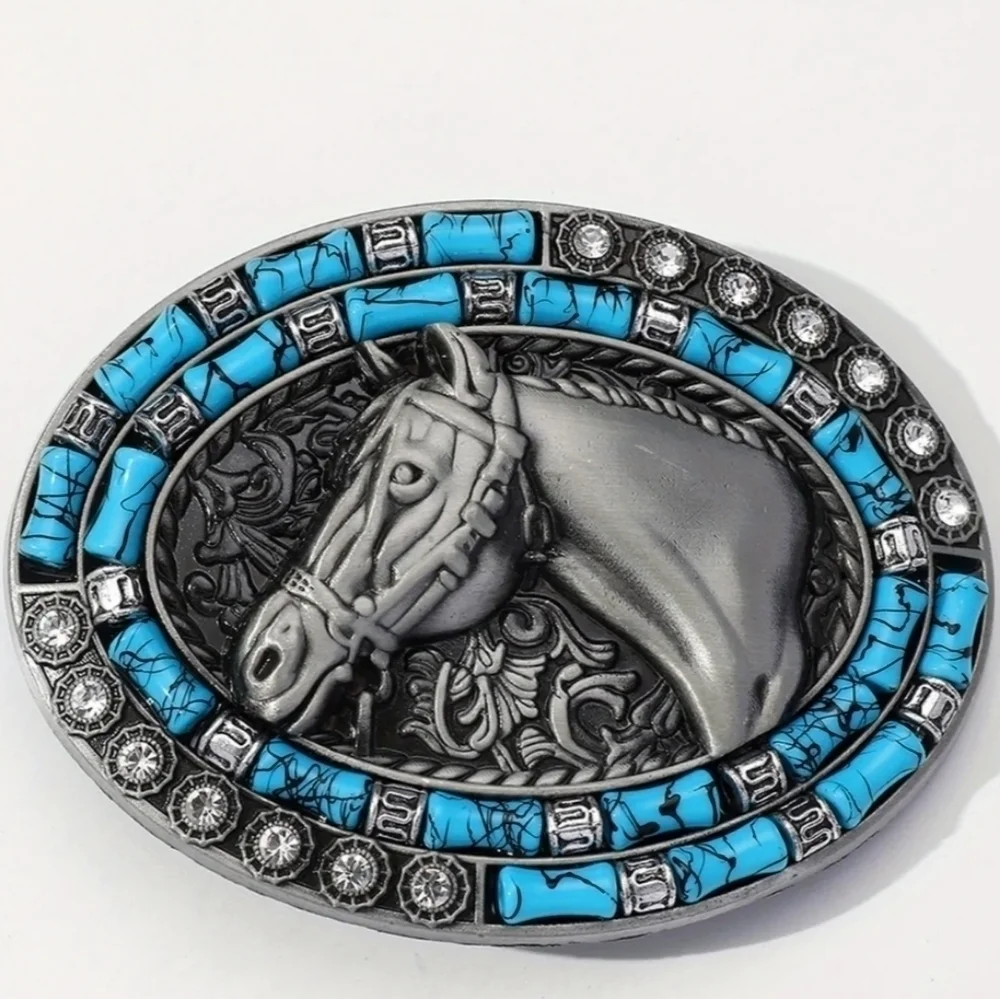 New men's horse cowboy western belt buckle blue beads